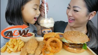 A&W Teen burger, Onion Ring & Cubby Chicken & Root Bear Float Mukbang| N.E Let's Eat