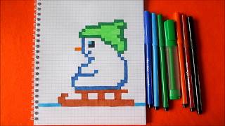 Snowman sledging How to Draw Pixel Art - Снеговик на санках Как нарисовать по клеточкам Пиксель Арт