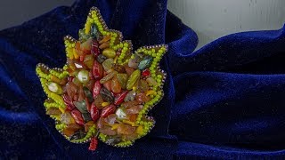 Мастер класс Брошь кленовый лист из бисера и камней своими руками.  Вышивка броши самоцветами