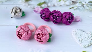 Резиночки Цветы из глиттерного фоамирана Украшения своими руками DIY glitter foam flowers