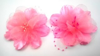 kanzashi. flowers of satin ribbons and organza / канзаши. цветы из атласных лент и органзы