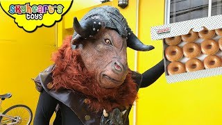 GIANT MINOTAUR wants our doughnuts! Skyheart battles with ox bull creature toys kids
