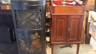 "Demonstrating a Bassanophone "Inlaid Sheraton no 3 Gramophone & a Chinoiserie German VOx