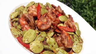 Würzig gebratene 'Stinkbohnen' Sator mit Garnelen| ผัดสะตอ authentisches Thai Rezept