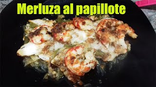Merluza en papillote con gambones (receta baja en calorias)