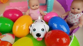Baby doll surprise eggs and pet dog slide park toys play