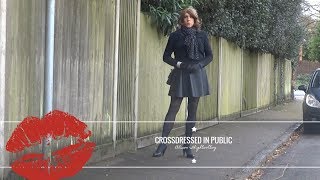 Crossdressed in public - Leather Skirt, Stockings and High Heels - Crossdresser