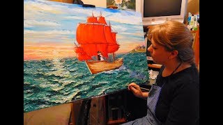 Алые паруса, морской пейзаж процесс создания картины / seascape process of creating the painting