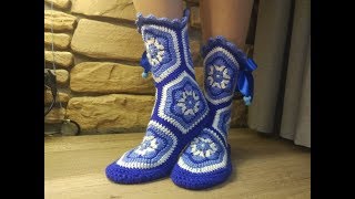 Тапочки сапожки крючком Мастер класс Мотив Африканский цветок Часть1 #тапочкисапожки#сапожкикрючком#