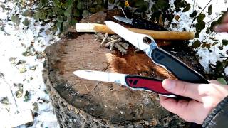 Victorinox лучший клинок с полусеррейторным типом заточки и примеры работы в сравнениии с плейном.