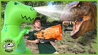 Giant T-Rex vs T-Rex Dinosaurs! Nerf Blaster Pretend Play with Dinosaur Water Toys for Kids