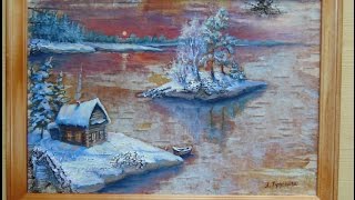 Рисуем маслом зимний  пейзаж на бересте!Круглова Людмила.