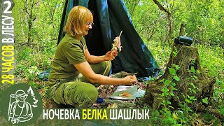 28 часов в лесу - ночевка в шатре. Бушкрафт: шашлык из курицы, белка  Часть 2