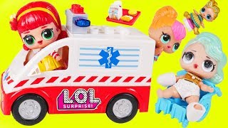 LOL Surprise Dolls + Lil Sisters Visit Hospital McDonalds Drive Thru in Ambulance - Toy Wave 2 Video