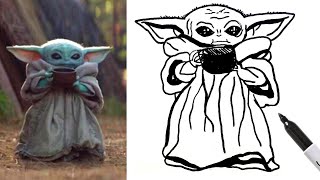 BABY YODA SIPPING SOUP ~ How To Draw Easy! Step-by-step tutorial on Baby Yoda Meme From Mandalorian