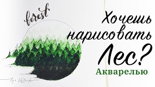 Как нарисовать лес акварелью, ускоренный пошаговый рисунок, уроки акварели для начинающих