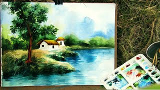 How to draw watercolor nature painting on art paper step by step. Watercolor landscape painting.