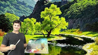 Река в горах ► как рисовать маслом отражение, воду, горы, деревья