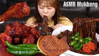 ASMR Mukbang｜맘스터치 알룰로스 치킨과 수란을 곁들인 쟁반짜장! 디저트는 붕어빵~
