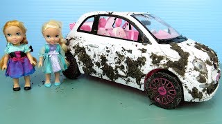 Muddy Car ! Elsa and Anna toddlers wash Barbie's cars