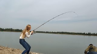 Рыбалка на крупную рыбу, девушка ловит рыбу и ломает катушку. Платник в Беларуси. Карп на фидер.