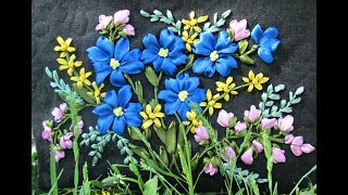 МК Букет незабудок.Вышивка лентами.A bouquet of forget-me-nots. Embroidery ribbons.