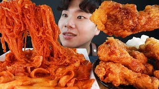 MUKBANG 엽기떡볶이 초보맛 당면토핑 베이컨사리&교촌 허니콤보 먹방 Tteokbokki, Honey Fried Chicken EATING SOUNDS