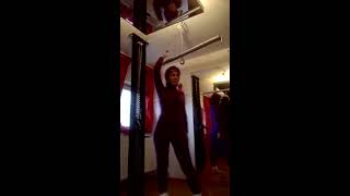 Quick self suspension upside down in fluffy mohair catsuit