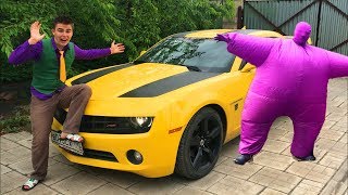 Purple Fat Man found Keys on Chevrolet Camaro & Started Funny Race on Sport Car VS Mr. Joe for Kids