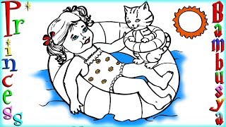 Coloring girl cat sun Drawing colored markers COLORING BOOK Princess and Bambusya