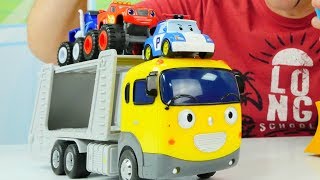 Blaze and the Monster Machines, Robocar Poli, and Tayo transporter.