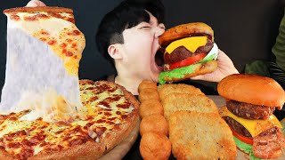 MUKBANG ASMR 치즈 피자 & 스테이크 햄버거 & 해쉬브라운 감자 치즈볼 STEAK BUGGER & HASH BROWNS EATING SOUND!