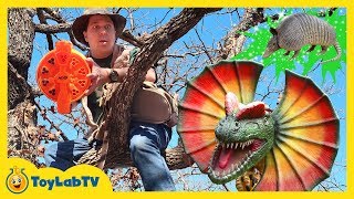 Giant Dinosaurs Attack Park Rangers Who Use Nerf Blaster Toys to Surprise Dinos and Save the Eggs