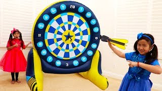 Emma & Jannie Pretend Play with Giant Inflatable Dartboard Toy for Kids