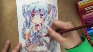 シャーペンと24色セットの色鉛筆で初音ミクを描いてみた(byもじゃクッキー)