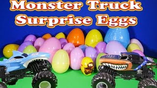 Opening 25 Funny Monster Truck Surprise Eggs with the Assistant